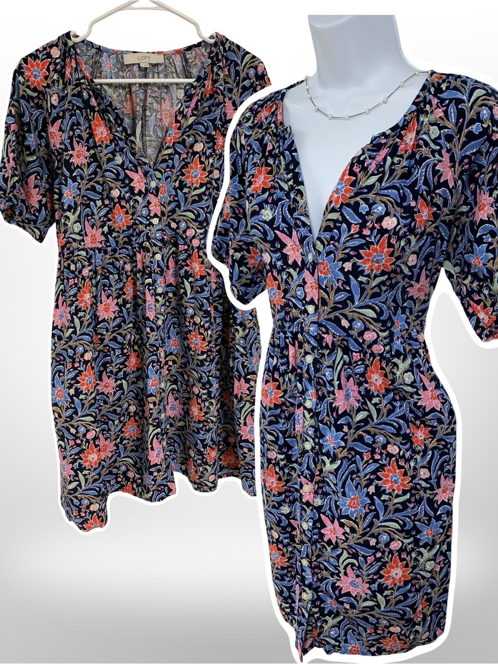 LOFT Navy Floral Mini Dress with Pink & Red Blooms, Size Medium